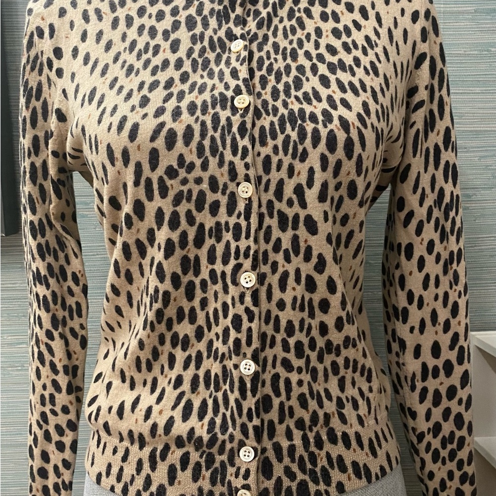 J. Crew Tan and Black Animal Print Button-Down Wool Sweater